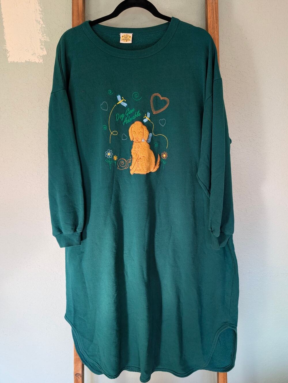 Vtg dog Y2K Embroidered Sleepwear Night Dress Oversized Sweatshirt Dress Pajamas